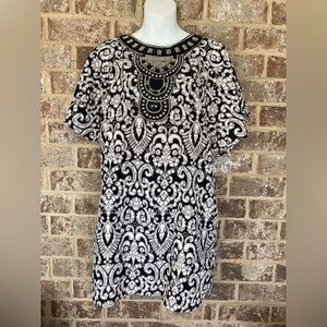Dina Be Black & White Paisley Beaded Flutter Sleeves Sz M Dress